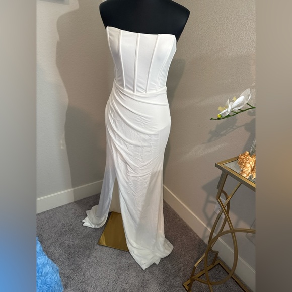 Lulus Beautiful Grace White Mesh Strapless Bustier Tulip Maxi Dress - Picture 6 of 7